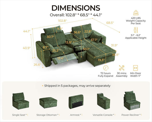 102.8 Inch White Power Recliner Sofa With Headrest And USB Charging Storage Ottoman-1