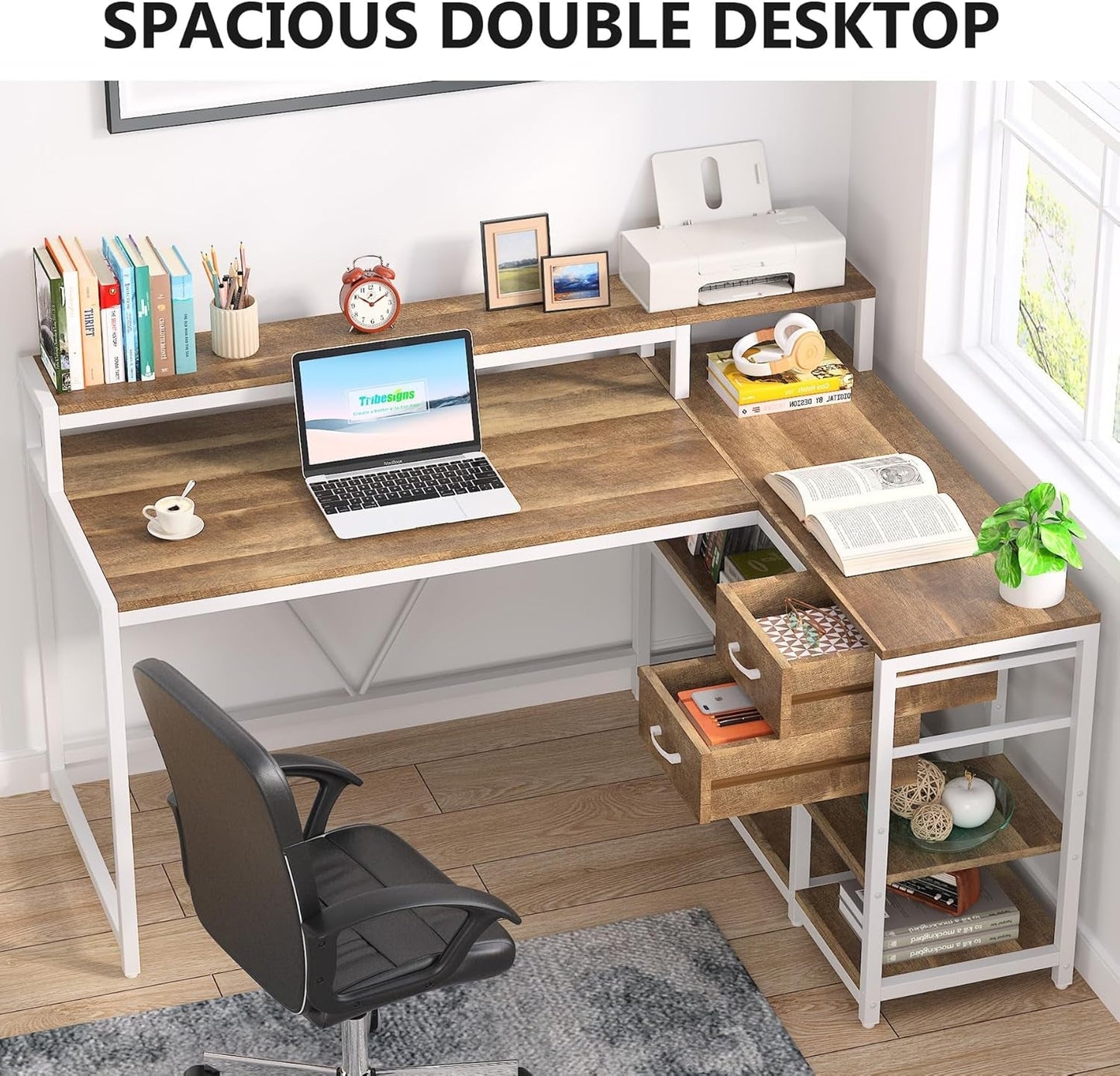 L Shaped Desk With Drawers And Monitor Stand Beige Wood-4