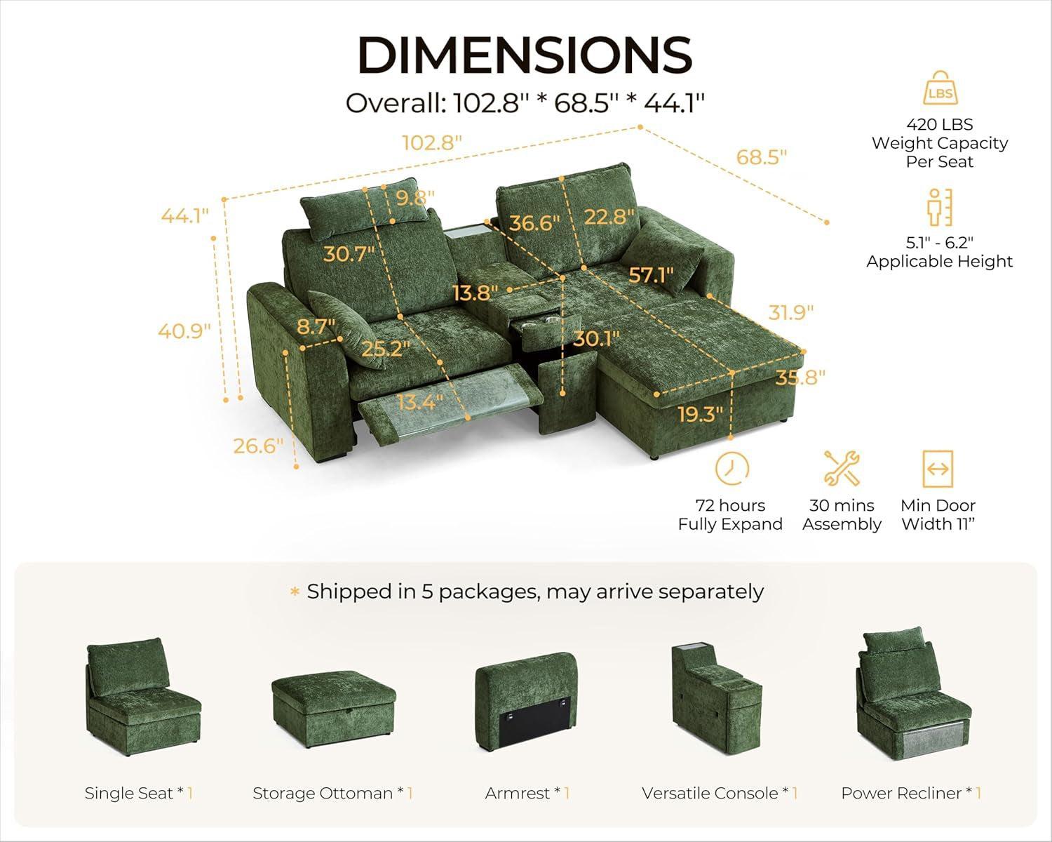 102.8 Inch White Power Recliner Sofa With Headrest And USB Charging Storage Ottoman-1