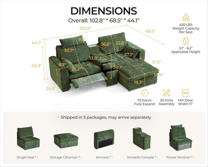 102.8 Inch White Power Recliner Sofa With Headrest And USB Charging Storage Ottoman-1