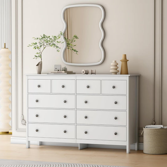White 55 Inch Ten Drawer Dresser Modern Bedroom Storage-0