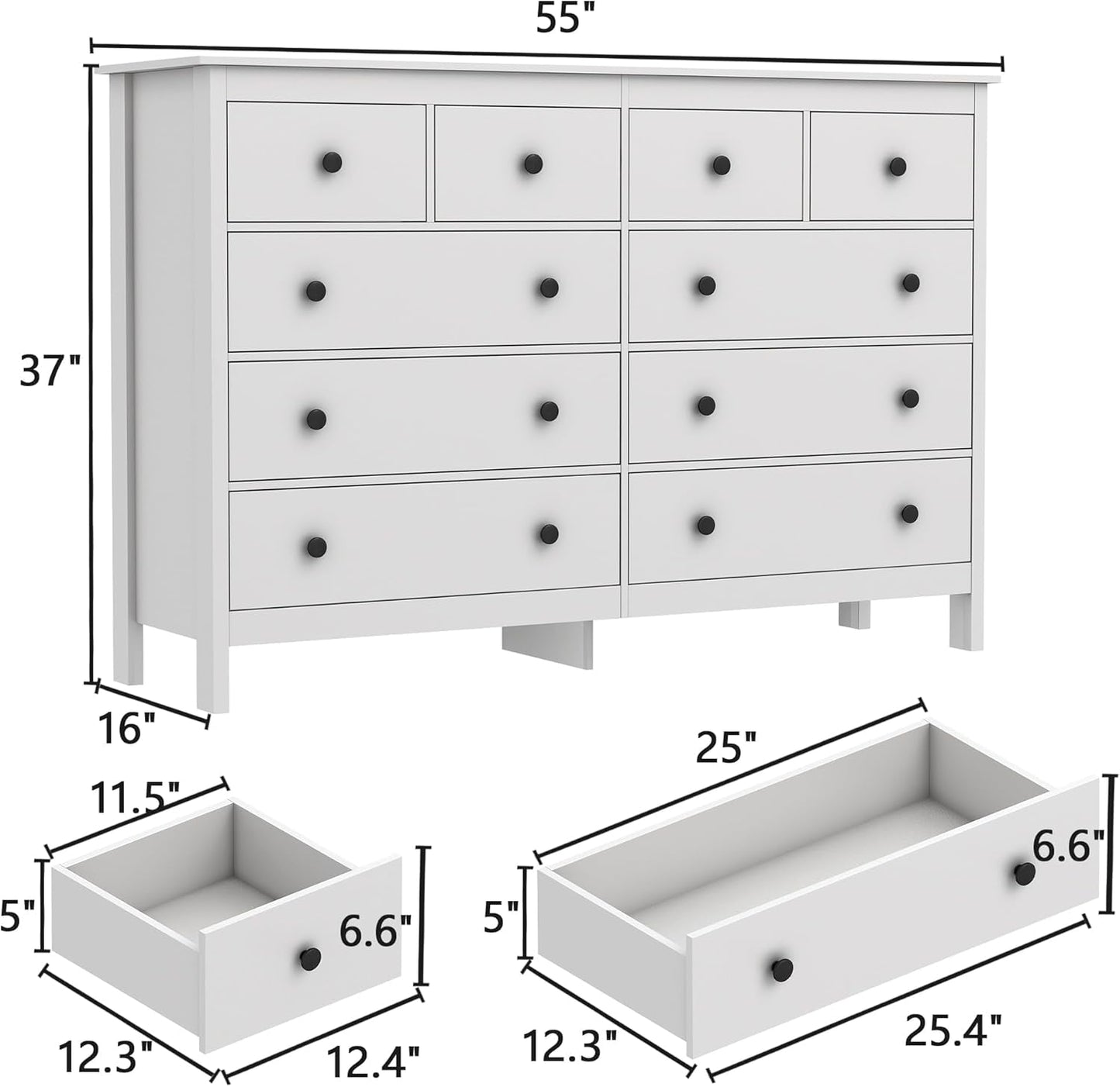 White 55 Inch Ten Drawer Dresser Modern Bedroom Storage-1