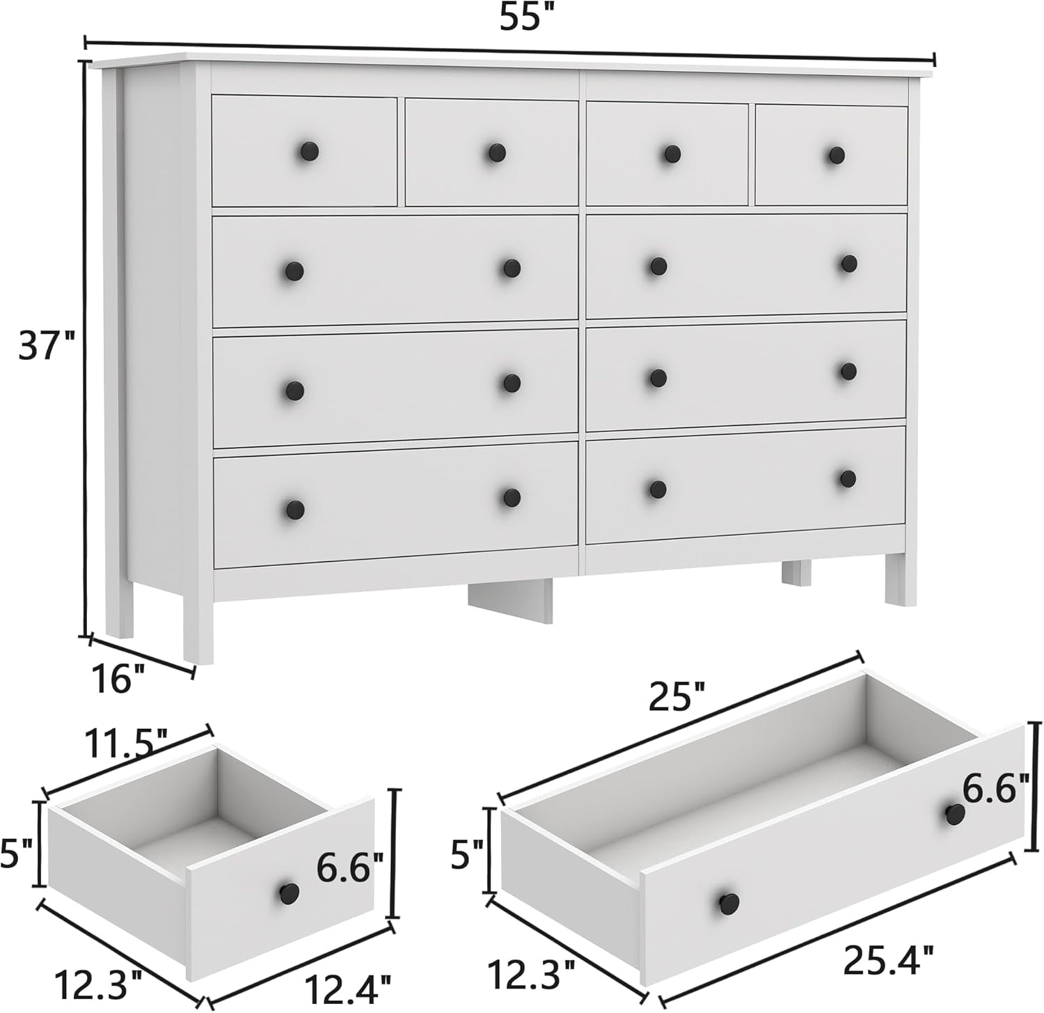 White 55 Inch Ten Drawer Dresser Modern Bedroom Storage-1