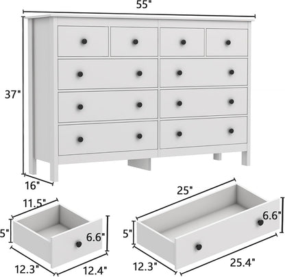 White 55 Inch Ten Drawer Dresser Modern Bedroom Storage-1