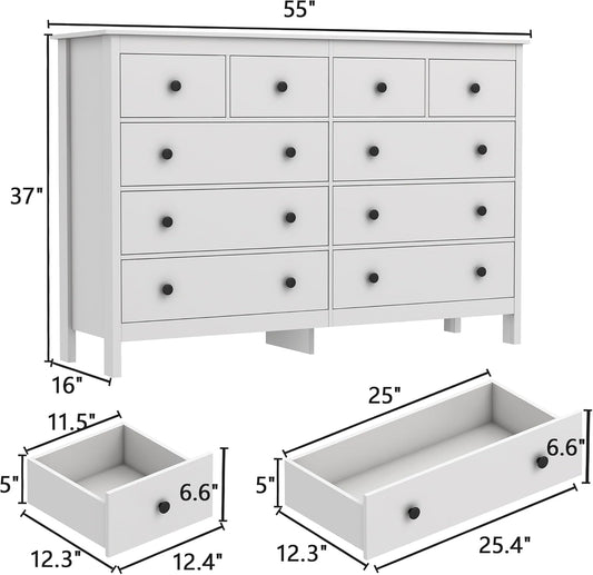 White 55 Inch Ten Drawer Dresser Modern Bedroom Storage-1