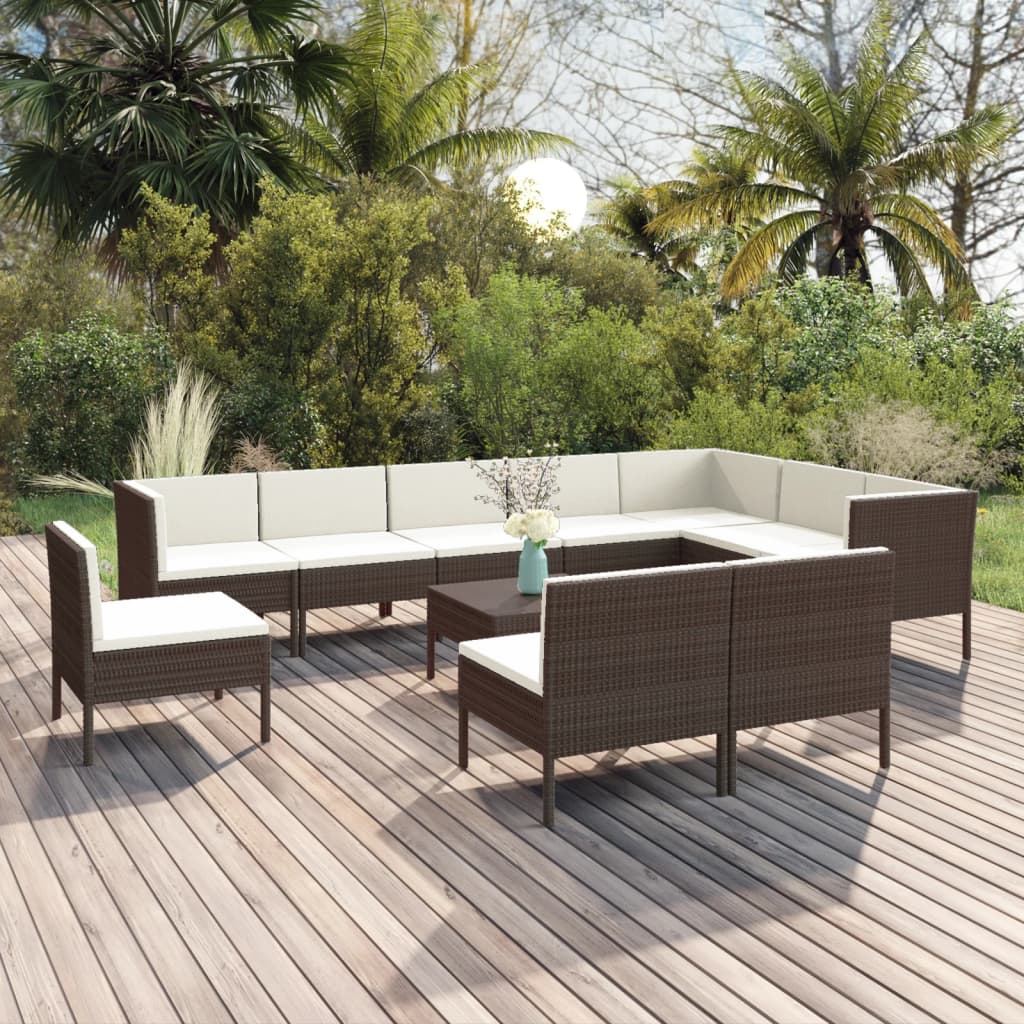 vidaXL 11 Piece Patio Lounge Set with Cushions Poly Rattan Brown-0