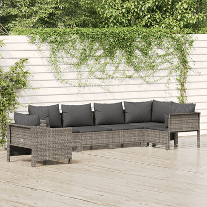 vidaXL 6 Piece Patio Lounge Set with Cushions Gray Poly Rattan-0