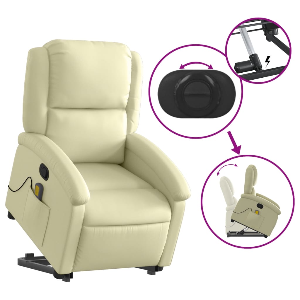 vidaXL Stand up Massage Recliner Chair Cream Real Leather VidaXL