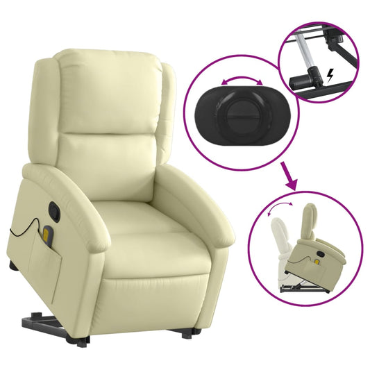 vidaXL Stand up Massage Recliner Chair Cream Real Leather VidaXL