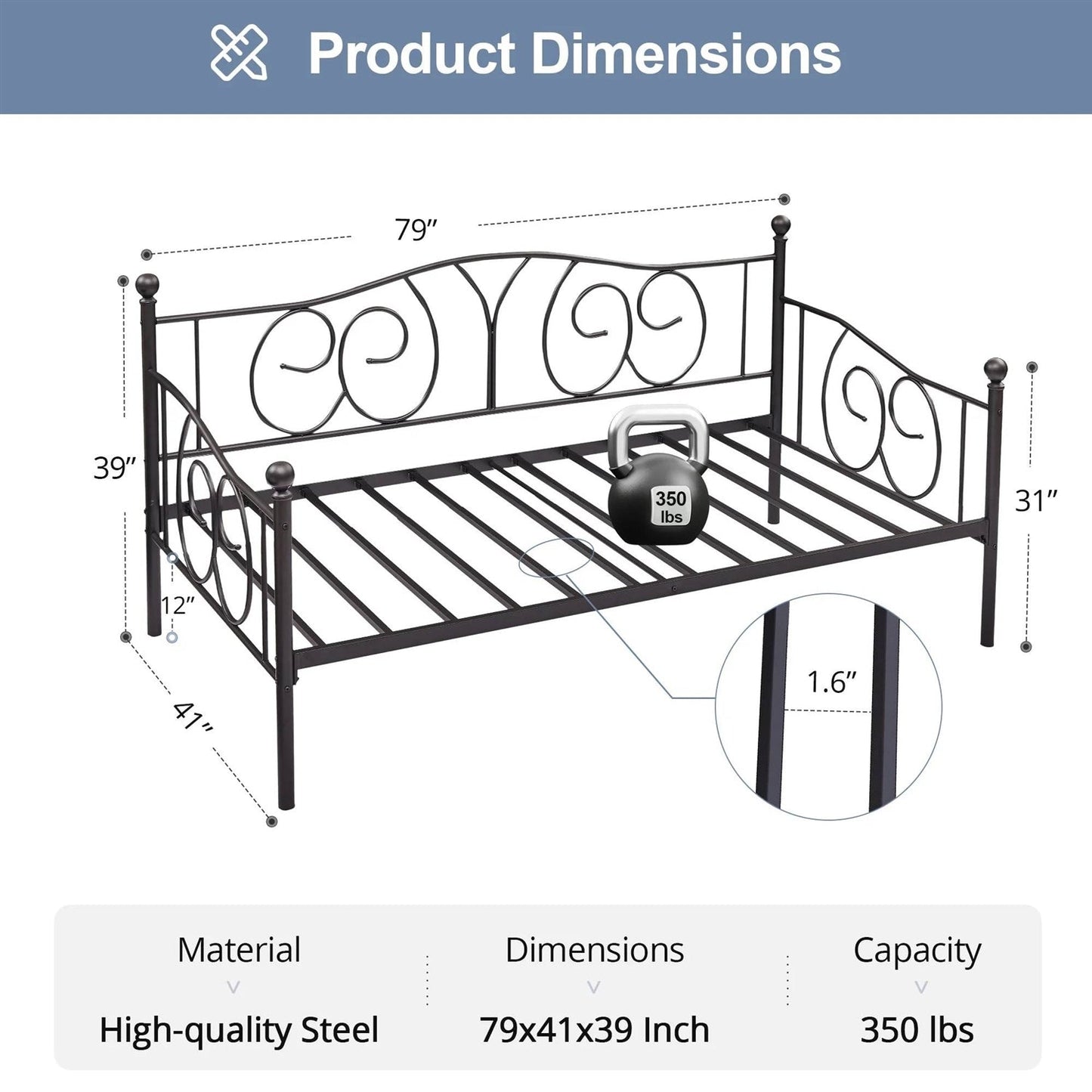 Twin size Victorian Black Metal Daybed Frame - 350 lbs. Weight Capacity-4