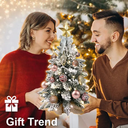 22in Tabletop Christmas Tree With Light Artificial Small Mini Red Christmas Decoration With Flocked Snow, Exquisite Decor & Xmas Ornaments For Table Top For Home & Office, Red ShopyWave