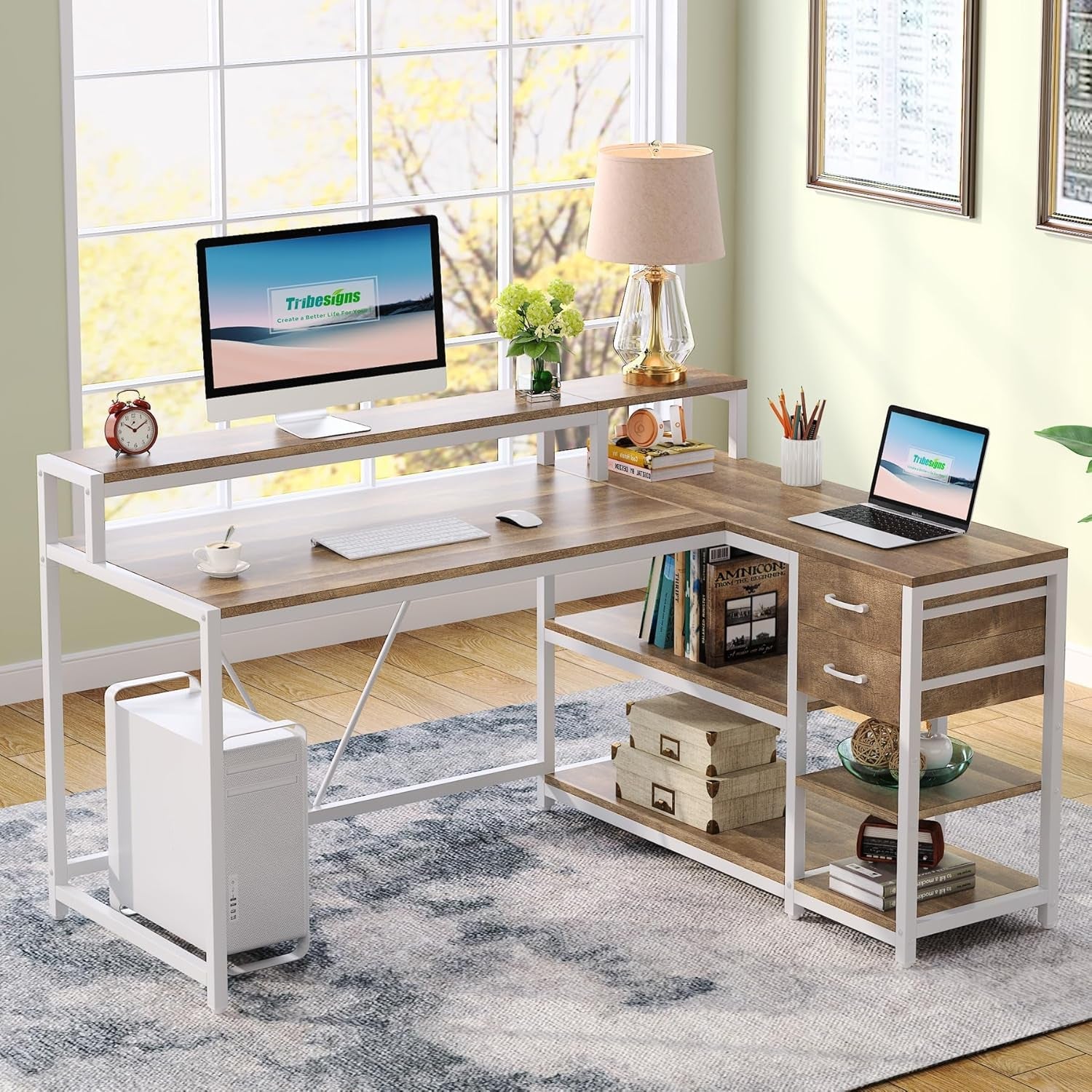 L Shaped Desk With Drawers And Monitor Stand Beige Wood-0