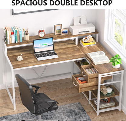 L Shaped Desk With Drawers And Monitor Stand Beige Wood-4