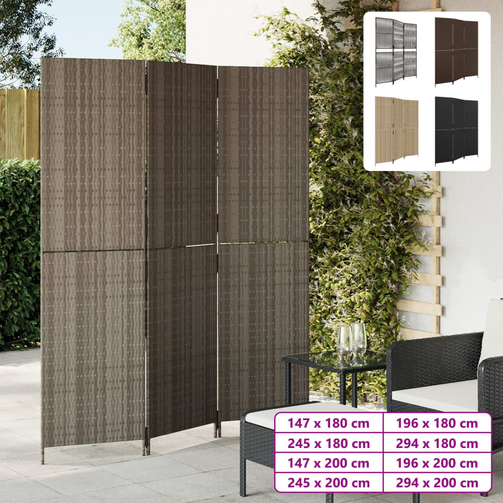 vidaXL Room Divider 3 Panels Gray Poly Rattan-1